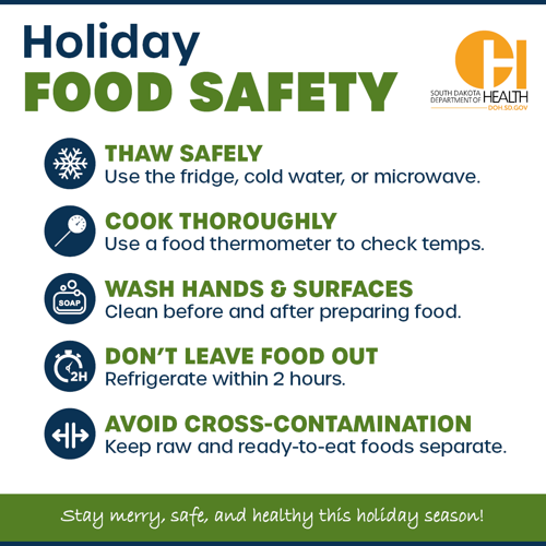 🎄 Holiday Food Safety Tips 🎄 Keep your family and friends healthy this holiday season with these simple tips:  ❄️ Thaw Safely: Use the fridge, cold water, or microwave. 🌡️ Cook Thoroughly: Use a food thermometer to check temperatures. 🧼 Wash Hands & Surfaces: Clean before and after preparing food. 🍽️ Don’t Leave Food Out: Refrigerate within 2 hours. 🛑 Avoid Cross-Contamination: Keep raw and ready-to-eat foods separate.