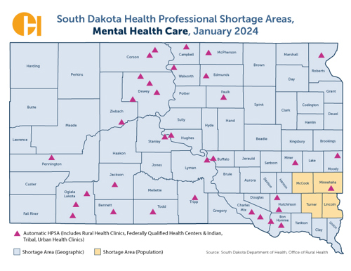SD Health Professional Shortage Areas, Mental Health Care, 2023