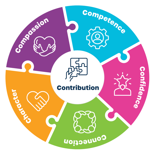 Positive Youth Development: 5 C's - Competence, Confidence, Connection, Character, Compassion. These 5 skills lead to contribution to community.