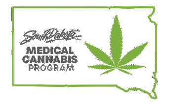 South Dakota Medical Cannabis Program Logo - outline of the state of South Dakota with a Cannabis Leaf and the program name