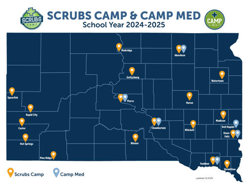 Scrubs Camp & Camp Med Map for School Year 2024-2025. Scrubs Camps are in Spearfish, Rapid City, Custer, Hot Springs, Pine Ridge, Mobridge, Gettysburg, Pierre, Winner, Chamberlain, Aberdeen, Huron, Watertown, Mitchell, Madison, Sioux Falls, Yankton, and Vermillion. Camp Meds are in Chamberlain, Pierre, Aberdeen, Dell Rapids, Sioux Falls, and Yankton.