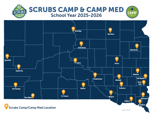 Scrubs Camp & Camp Med Map for School Year 2024-2025. Scrubs Camps are in Spearfish, Rapid City, Custer, Hot Springs, Pine Ridge, Mobridge, Gettysburg, Pierre, Winner, Chamberlain, Aberdeen, Huron, Watertown, Mitchell, Madison, Sioux Falls, Yankton, and Vermillion. Camp Meds are in Chamberlain, Pierre, Aberdeen, Dell Rapids, Sioux Falls, and Yankton.