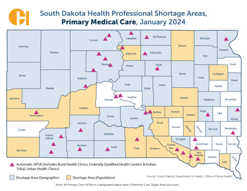 SD Professional Shortage Areas, Primary Medical Care, 2023