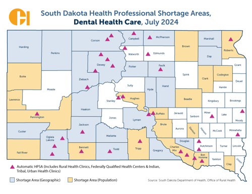 South Dakota Health Professional Shortage Areas, Dental Health Care, July 2024