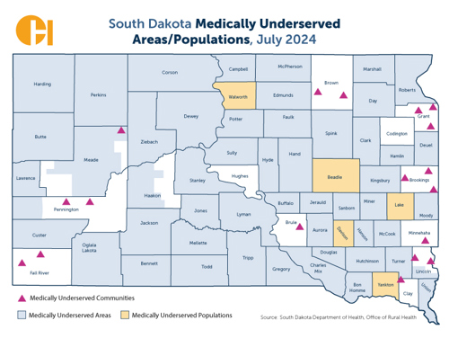 South Dakota Medically Underserved Areas/Populations, July 2024