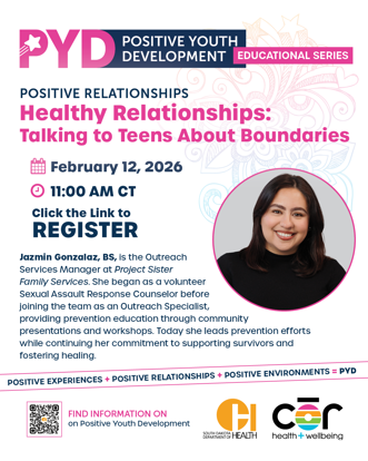 PYD Educational Series Flyer for Healthy Relationships: Talking to Teens about Boundaries. Feb. 12 @ 11 am