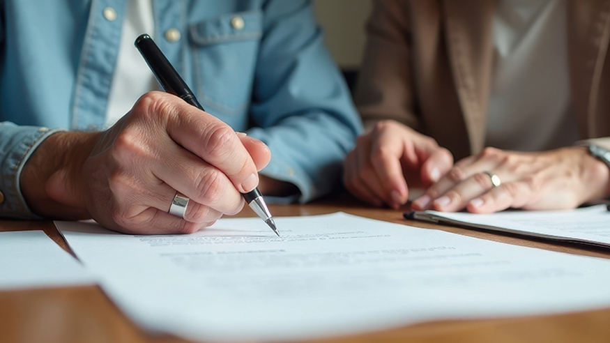 Man and elderly woman's hands signing paperwork.