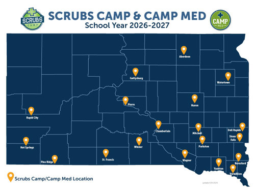 Scrubs Camp and Camp Med 2026-2027 map of locations. Locations include Aberdeen, Beresford, Chamberlain, Dell Rapids, Gettysburg, Hot Springs, Huron, Mitchell, Parkston, Pierre, Pine Ridge, Rapid City, Sioux Falls, St. Francis, Vermillion, Wagner, Watertown, Winner, and Yankton.