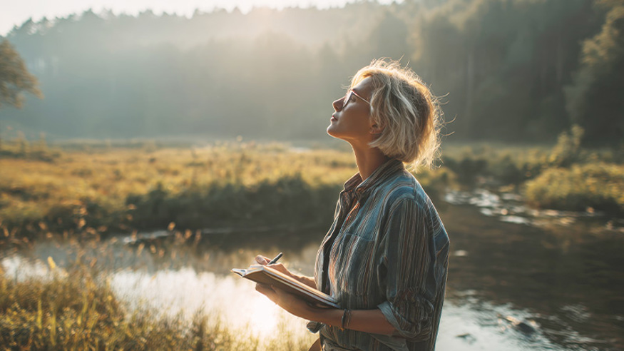 Young woman standing by pond with face toward the sun and eyes closed, holding a notebook and pen.