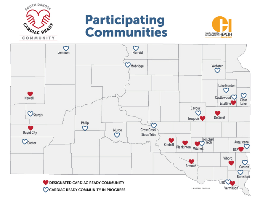 Map of South Dakota titled "Participating Communities" for the South Dakota Cardiac Ready Community program. Red heart icons identify designated Cardiac Ready Communities and blue heart icons identify communities working toward designation. Designated communities include Newell, Rapid City, Iroquois, De Smet, Kimball, Plankinton, Mitchell, Armour, Viborg, and Vermillion. Communities in progress include Lemmon, Herreid, Mobridge, Webster, Lake Norden, Castlewood, Estelline, Clear Lake, Cavour, Crow Creek Sioux Tribe, Murdo, Philip, Sturgis, Custer, Mitchell Technical College, Augustana University, University of South Dakota, University of Sioux Falls, Canton, and Beresford. The South Dakota Cardiac Ready Community and South Dakota Department of Health logos appear at the top, and the map notes it was updated in June 2026.