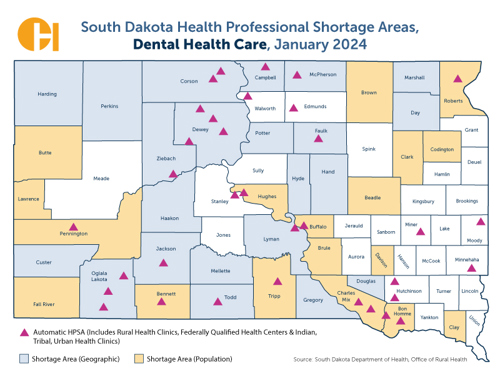 SD Health Professional Shortage Areas, Dental Health Care, 2023