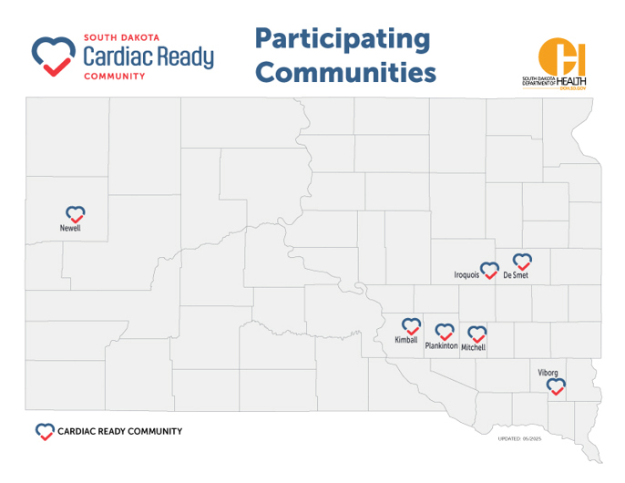Participating Cardiac Ready Communities Map: Newell, Kimball, Plankinton, Mitchell, Iroquois, DeSmet, Viborg