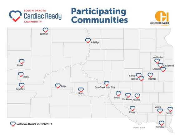 Participating Cardiac Ready Communities Map: Newell, Kimball, Plankinton, Mitchell, Iroquois, De Smet, Viborg, Rapid City, Sturgis, Canton, Cavour, Crow Creek Sioux Tribe, Lake Norden, Lemmon, Philip, Armour, Murdo, Castlewood, Mobridge