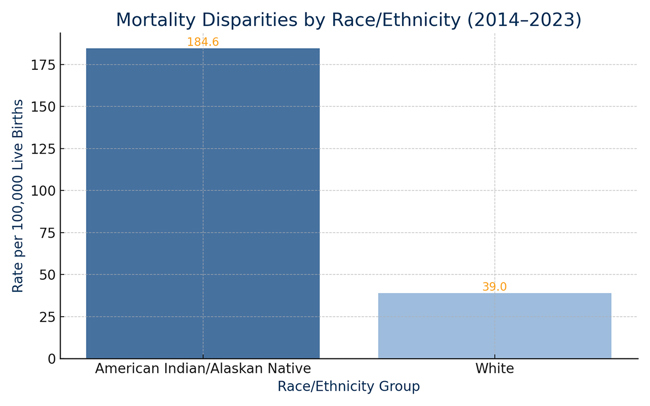 Mortality Disparities by Race/Ethnicity (2014-2023). American Indian/Alaskan Native 184.6%. White 39%.