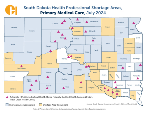 South Dakota Health Professional Shortage Areas, Primary Medical Care, July 2024
