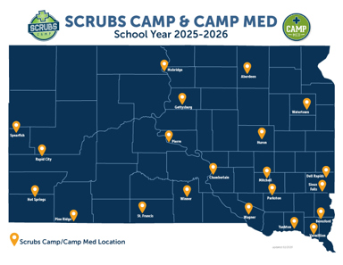 Scrubs Camp & Camp Med Map for School Year 2025-2026. Locations are Spearfish, Rapid City, Hot Springs, Pine Ridge, St. Francis, Winner, Chamberlain, Pierre, Gettysburg, Mobridge, Aberdeen, Watertown, Huron, Mitchell, Parkston, Wagner, Yankton, Vermillion, Beresford, Sioux Falls, and Dell Rapids.