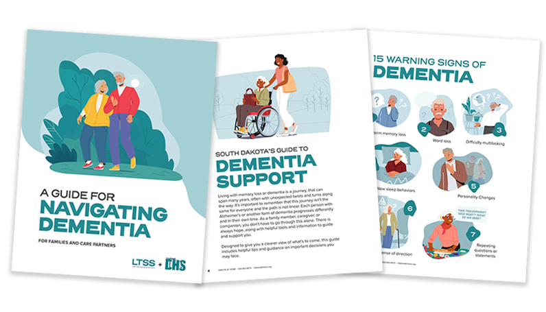 Photo of the cover of "A Guide to Navigating Dementia for families and care partners" published by SD DHS