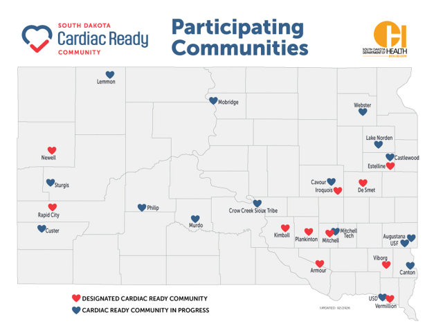 Participating Cardiac Ready Communities Map: Newell, Kimball, Plankinton, Mitchell, Iroquois, De Smet, Viborg, Rapid City, Sturgis, Canton, Cavour, Crow Creek Sioux Tribe, Lake Norden, Lemmon, Philip, Armour, Murdo, Castlewood, Mobridge