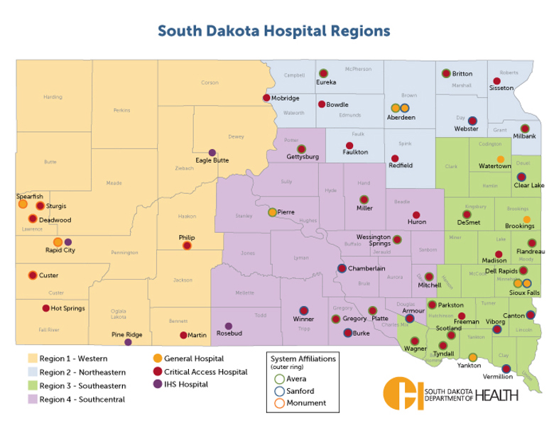 Map of South Dakota Hospital regions.